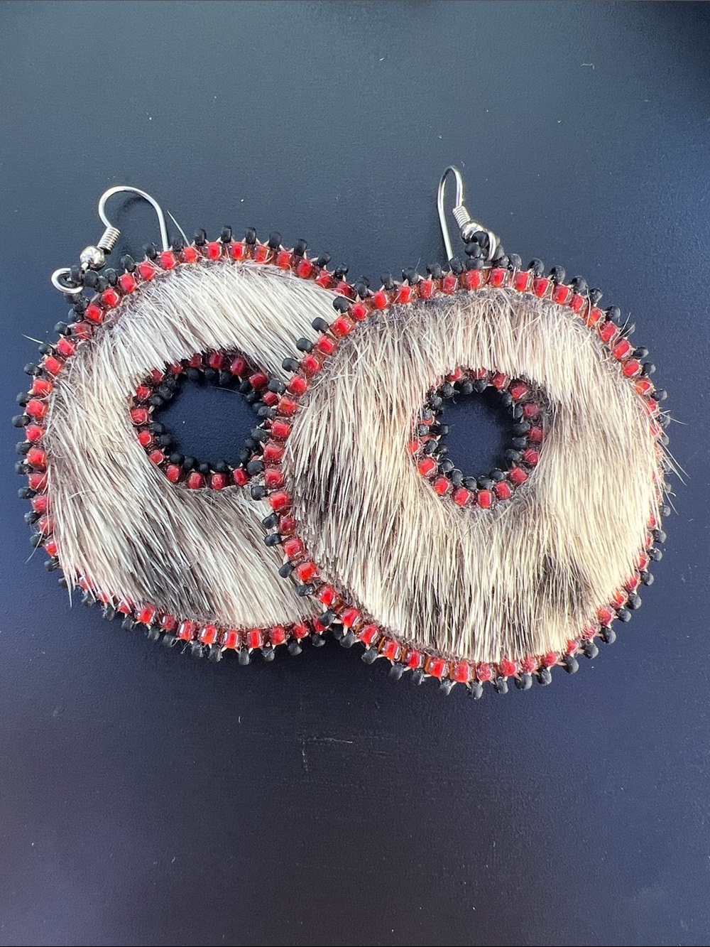 Handcrafted Seal Fur Earrings with Red Bead Trim - Made in Alaska